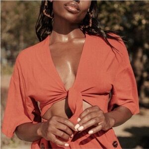 Toluca Swim Maria Tie-Front Linen Cover Up Top Medium Clay